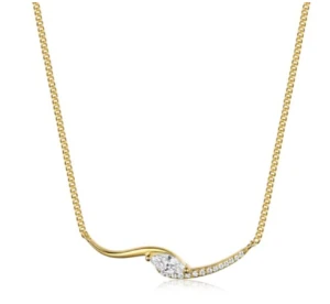 Necklace in sterling silver 925, with a curved wave bar design ("collar chain"), featuring a central marquise-cut moissanite (0.36 carats) surrounded by clear round cubic zirconias along the curve. A modern, elegant design for everyday wear, with certificate included. Available in silver or gold tone.