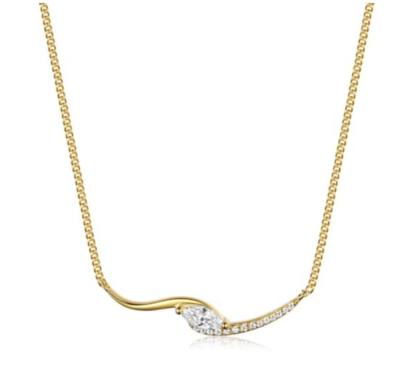 Colar em prata 925 com barra curva ondulada e moissanite marquise rodeada de zircónias. Certificado incluido.