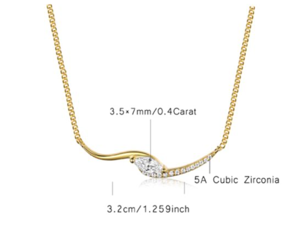Colar em prata 925 com barra curva ondulada e moissanite marquise rodeada de zircónias. Certificado incluido.