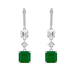 Brincos pendentes em prata 925 com esmeralda simulada verde e zircónias transparentes. Elegantes e versáteis.