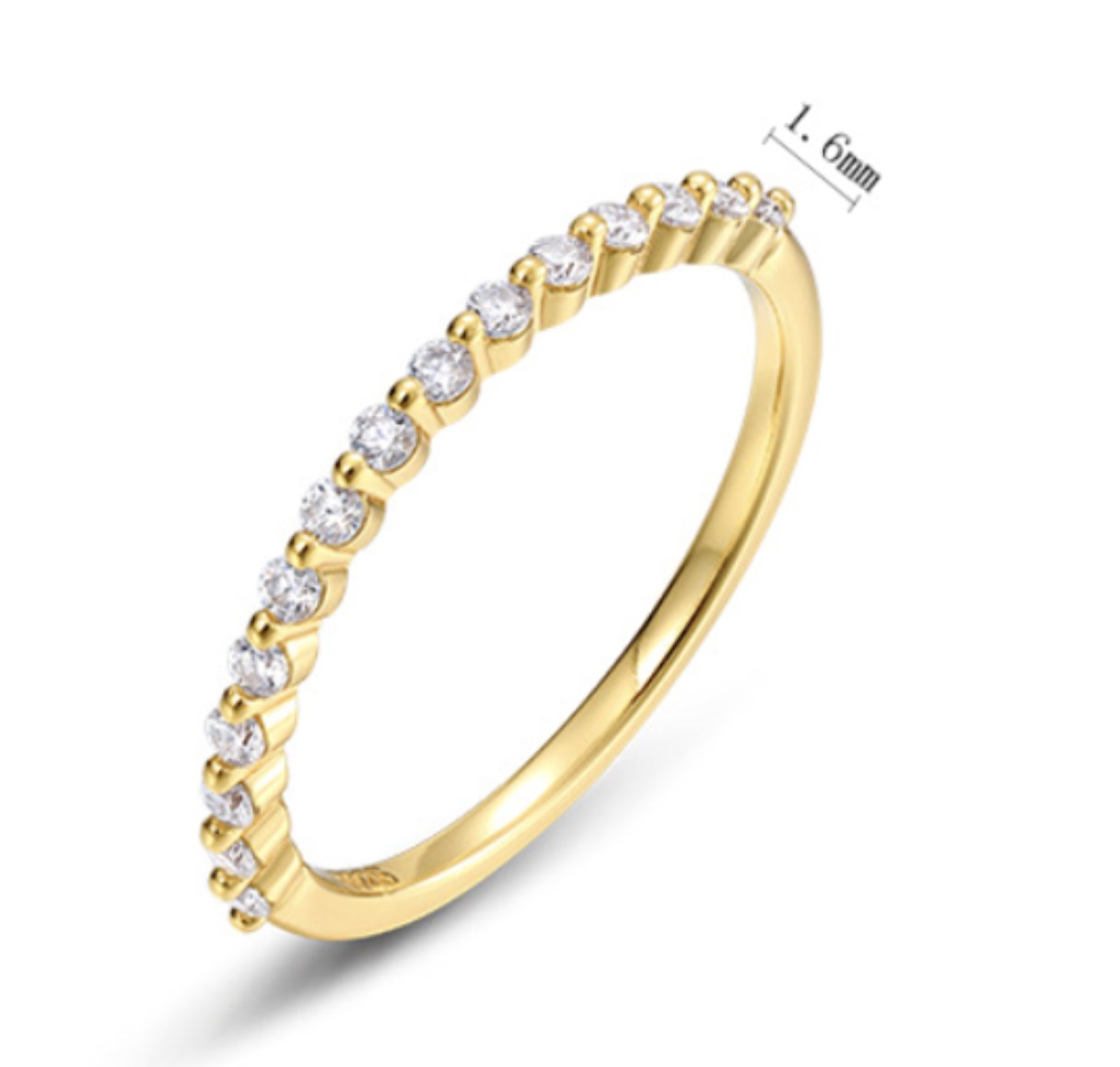 Anel fino em prata 925 com meia fileira de moissanite redonda. Ideal para empilhar. Ródio ou banhado a ouro 10k.