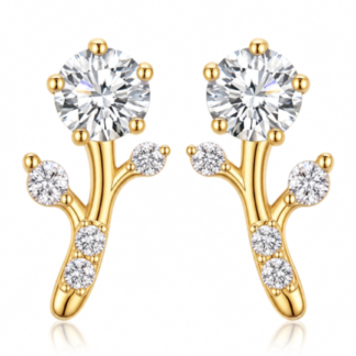 Brincos em prata 925 inspirados num ramo em flor, com moissanite central. Disponíveis em prateado ou dourado.