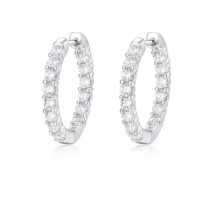 Huggie hoops in sterling silver 925, fully set with round colour D moissanites (the purest grade), in a "full eternity" effect that ensures sparkle all the way round. Available in silver or gold tone, with certificate included.