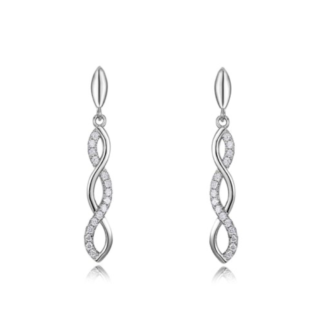Brincos pendentes em prata 925 com design em infinito entrelaçado cravejado de moissanite cor D em pavé.