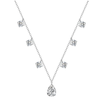 Colar em prata 925 com design em U e moissanite pendente em corte pêra, acompanhada de pedras redondas.