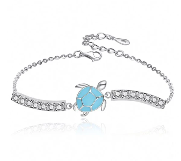 Blue sea turtle cubic zirconia 925 sterling silver bracelet on a white background