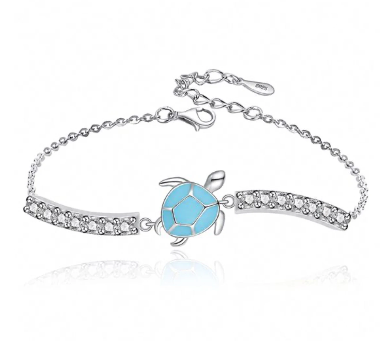 Blue sea turtle cubic zirconia 925 sterling silver bracelet on a white background