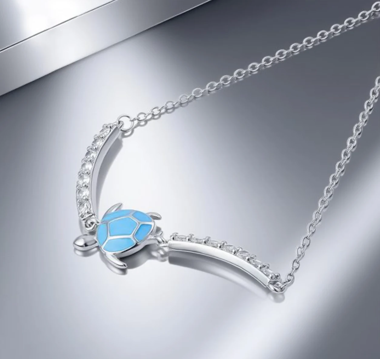 Blue sea turtle cubic zirconia 925 sterling silver bracelet with the chain open