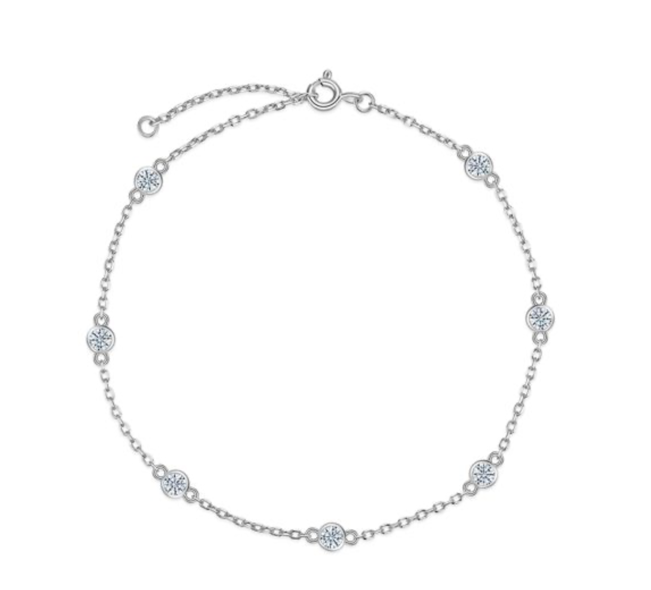Pulseira em prata 925 com sete moissanites redondas em bezel, design geométrico espaçado. 16cm + extensor 5cm.