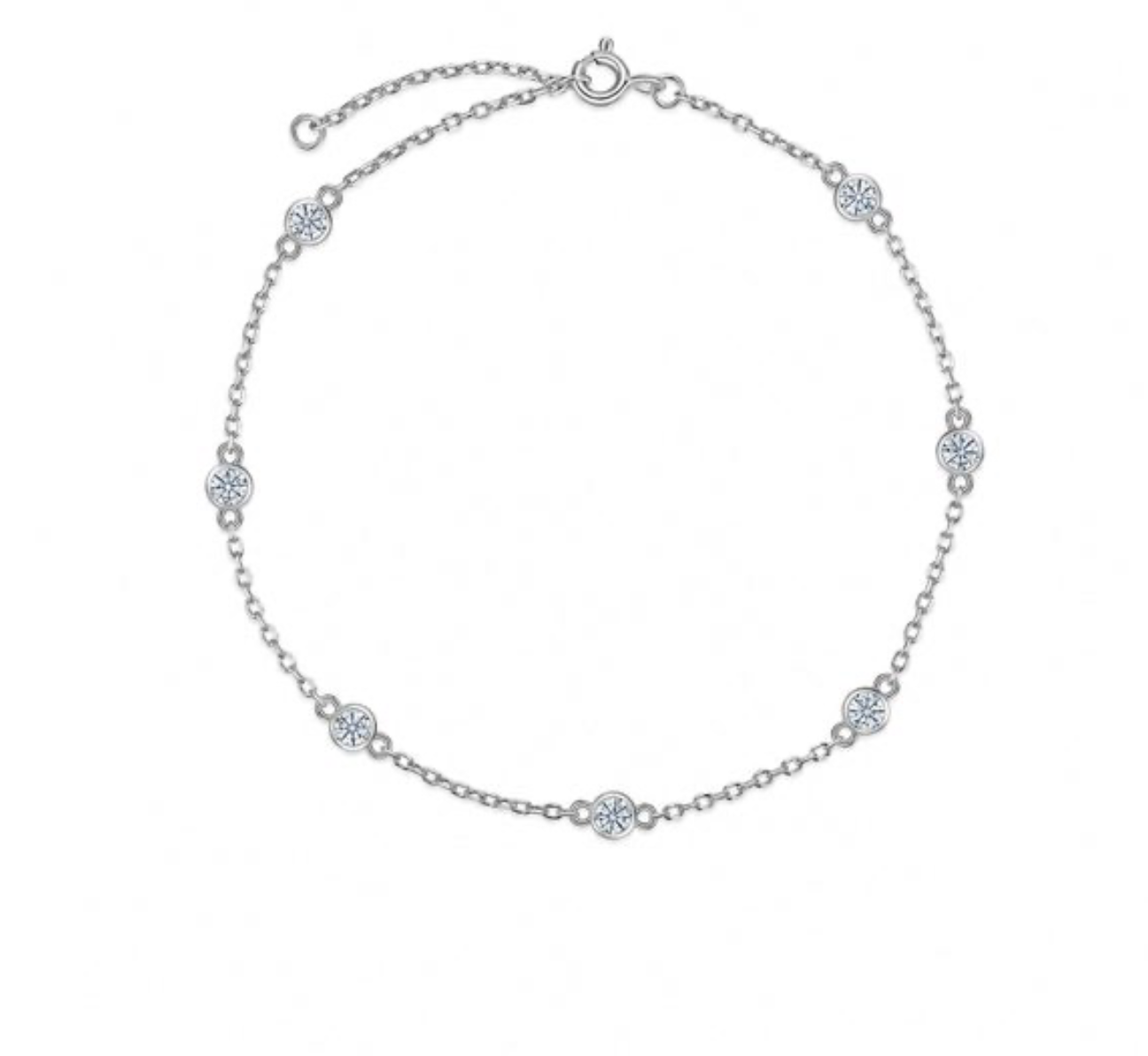 Pulseira em prata 925 com sete moissanites redondas em bezel, design geométrico espaçado. 16cm + extensor 5cm.