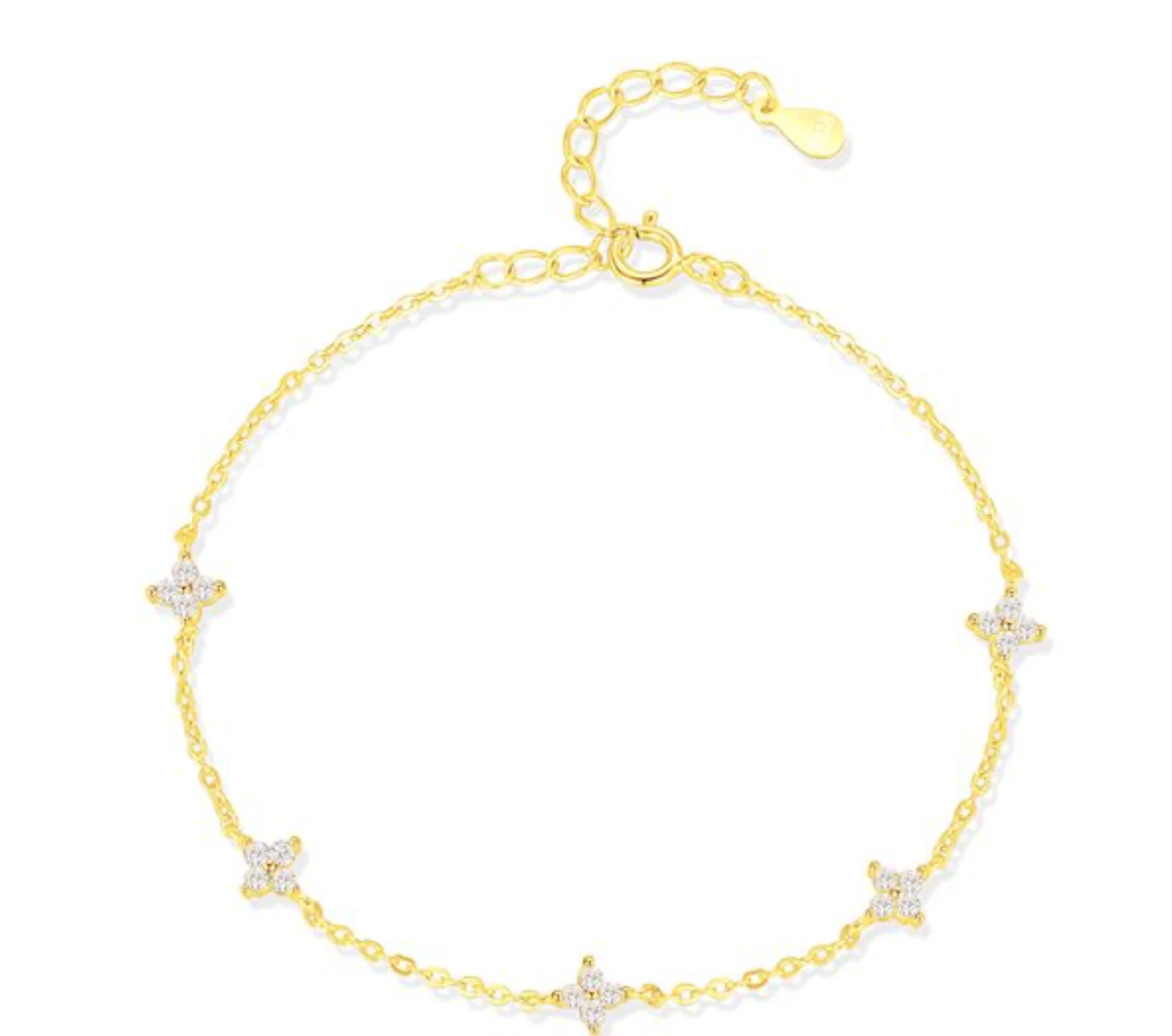 Four petal flower cubic zirconia 925 silver station chain bracelet in gold