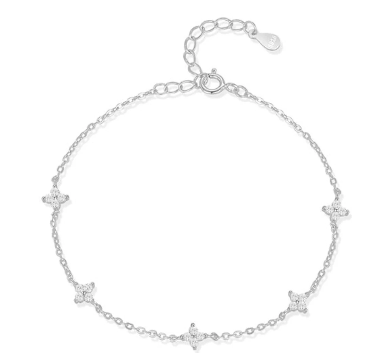 Four petal flower cubic zirconia 925 silver station chain bracelet in silver