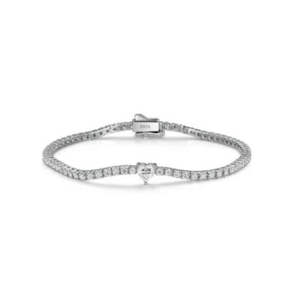 Tennis bracelet in sterling silver 925 with a heart-shaped centre-stone moissanite, available in white or pink. Box-style clasp. Weight 7.56g.