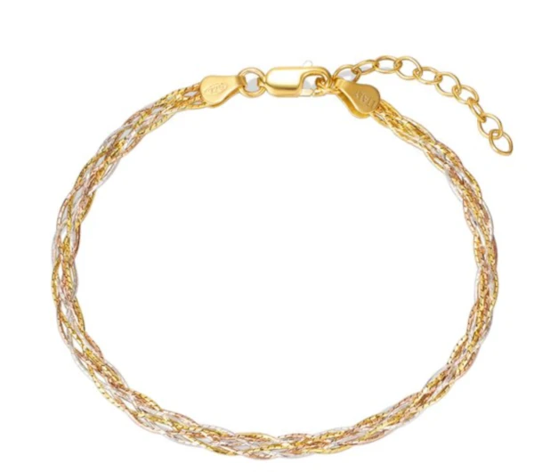 Italian braided three-tone 925 sterling silver bracelet on a white background
