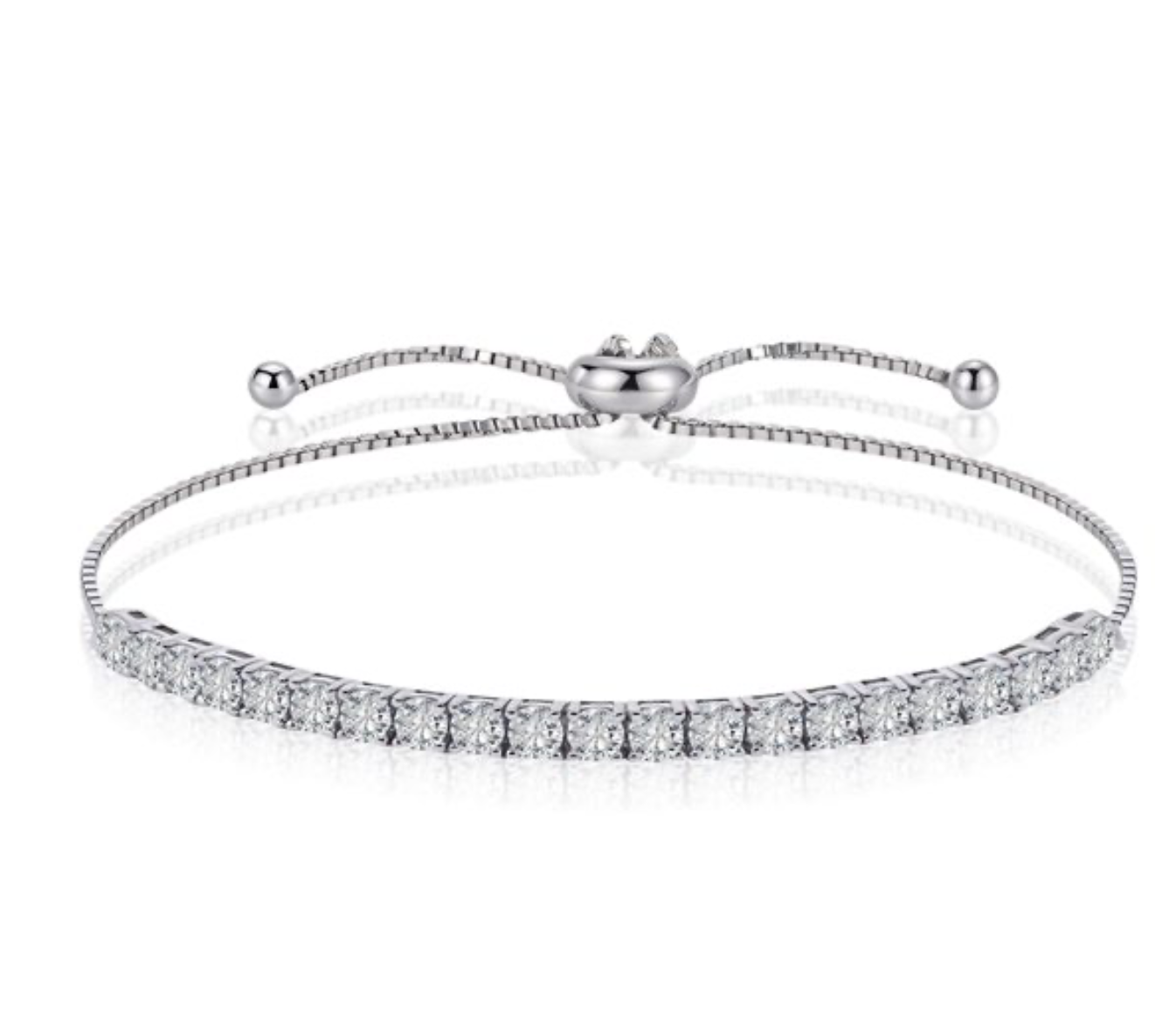 Pulseira tennis ajustável em prata 925 com moissanites D Color em linha reta geométrica. Fecho tipo slider.