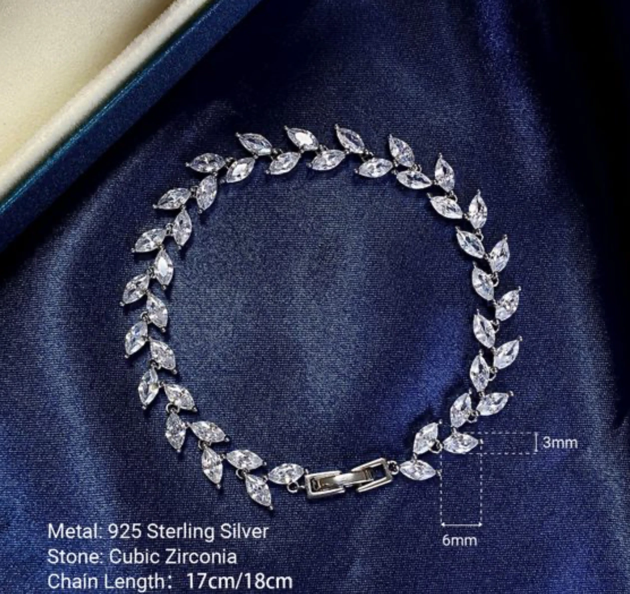 Silver marquise-cut zirconia vine link bracelet with measurements