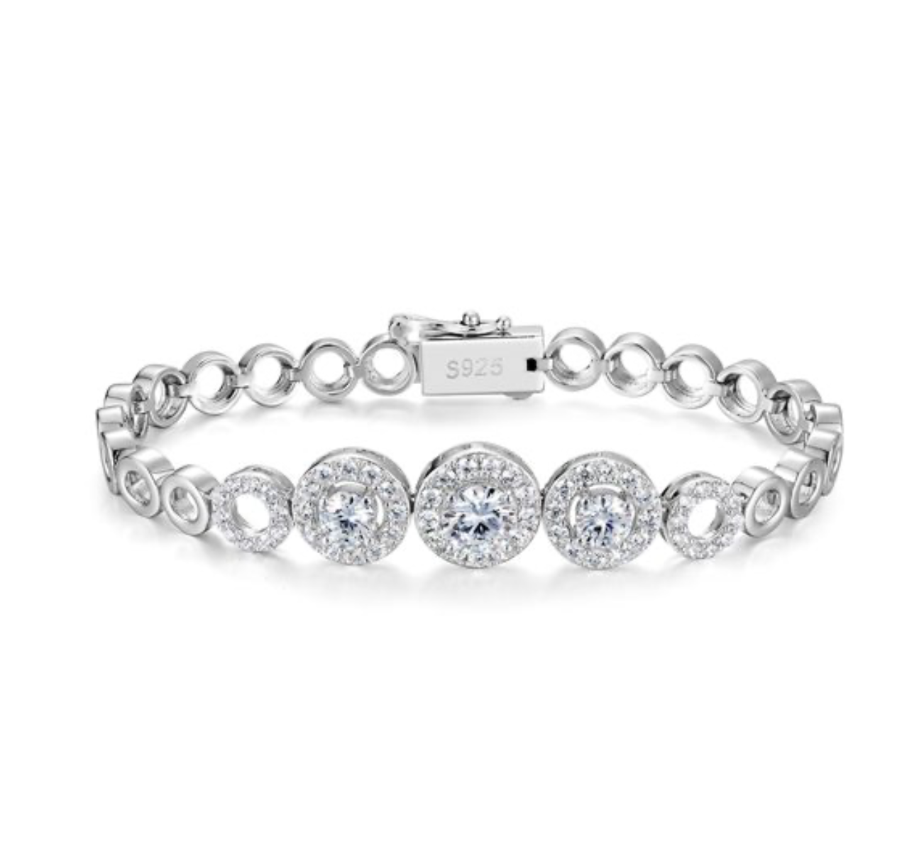 Pulseira em prata 925 com elos circulares vazados e moissanite D Color. Design único. Certificado GRA incluido.