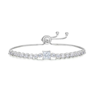 Pulseira tennis ajustável em prata 925 com pedra central moissanite geométrica. Vários formatos disponíveis.