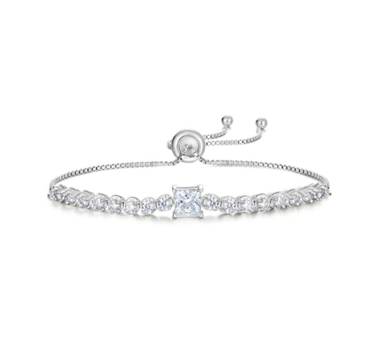 Pulseira tennis ajustável em prata 925 com pedra central moissanite geométrica. Vários formatos disponíveis.
