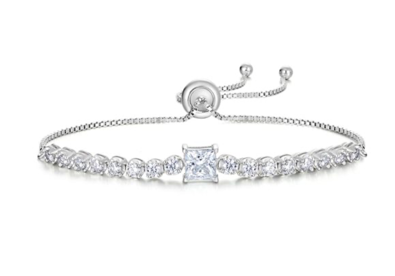 Pulseira tennis ajustável em prata 925 com pedra central moissanite geométrica. Vários formatos disponíveis.