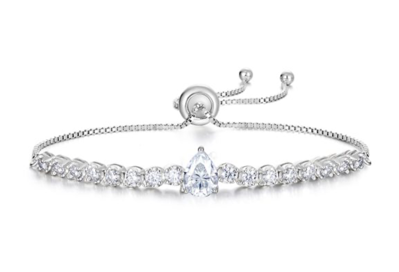 Pulseira tennis ajustável em prata 925 com pedra central moissanite geométrica. Vários formatos disponíveis.