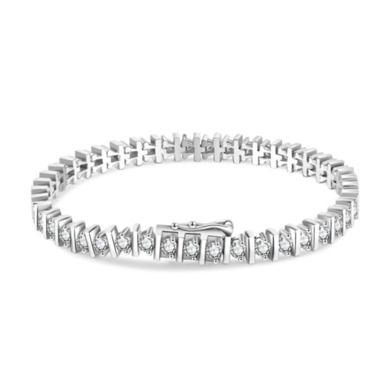 Pulseira tennis em prata 925, estilo europeu, com 37 moissanites D Color em barra diagonal. Certificado GRA.