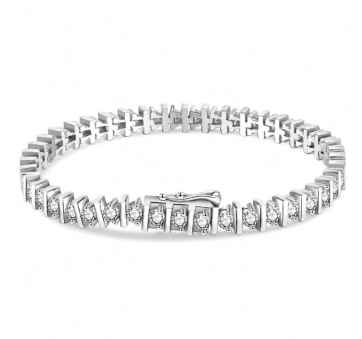 Pulseira tennis em prata 925, estilo europeu, com 37 moissanites D Color em barra diagonal. Certificado GRA.